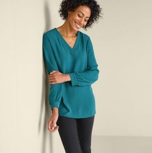 Soft Surroundings Liza Tunic Top Teal Blue V-Neck Soft Minimal Relaxed Fit 1X